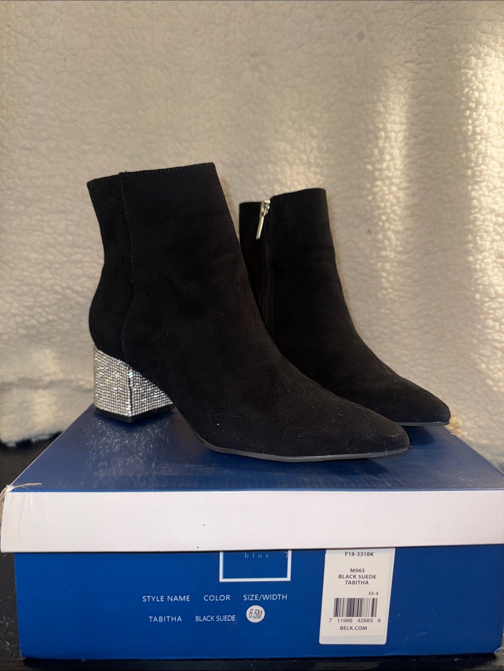 Tabitha Black Suede Ankle Boots with Crystal Embellished Block Heel